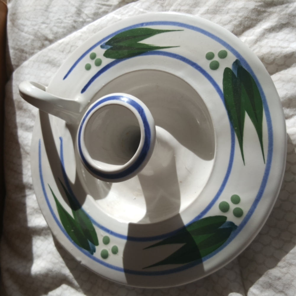 Stoneware Jackson Pottery Taper candle holder,green leaves,blue trim